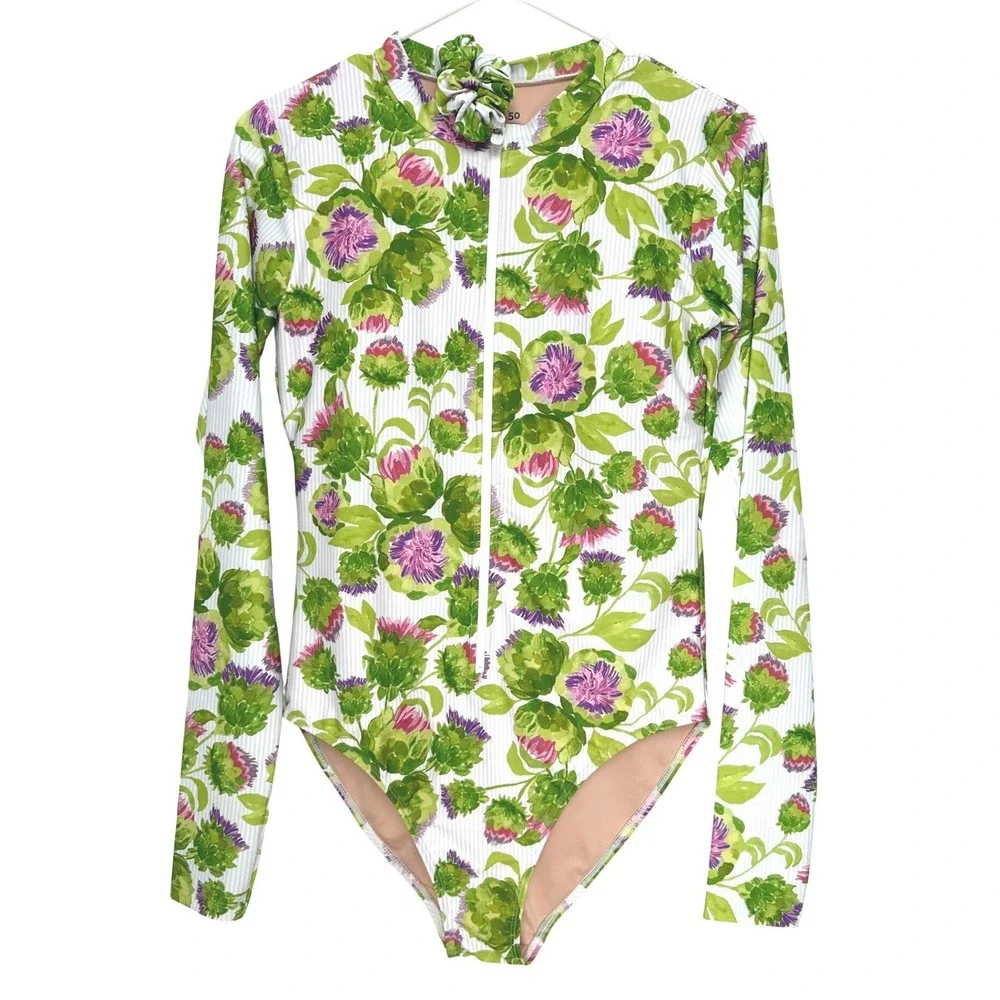 Mott50 Mila Long Sleeve One Piece Swimsuit Violetta‎ Floral Matching Scrunchie M